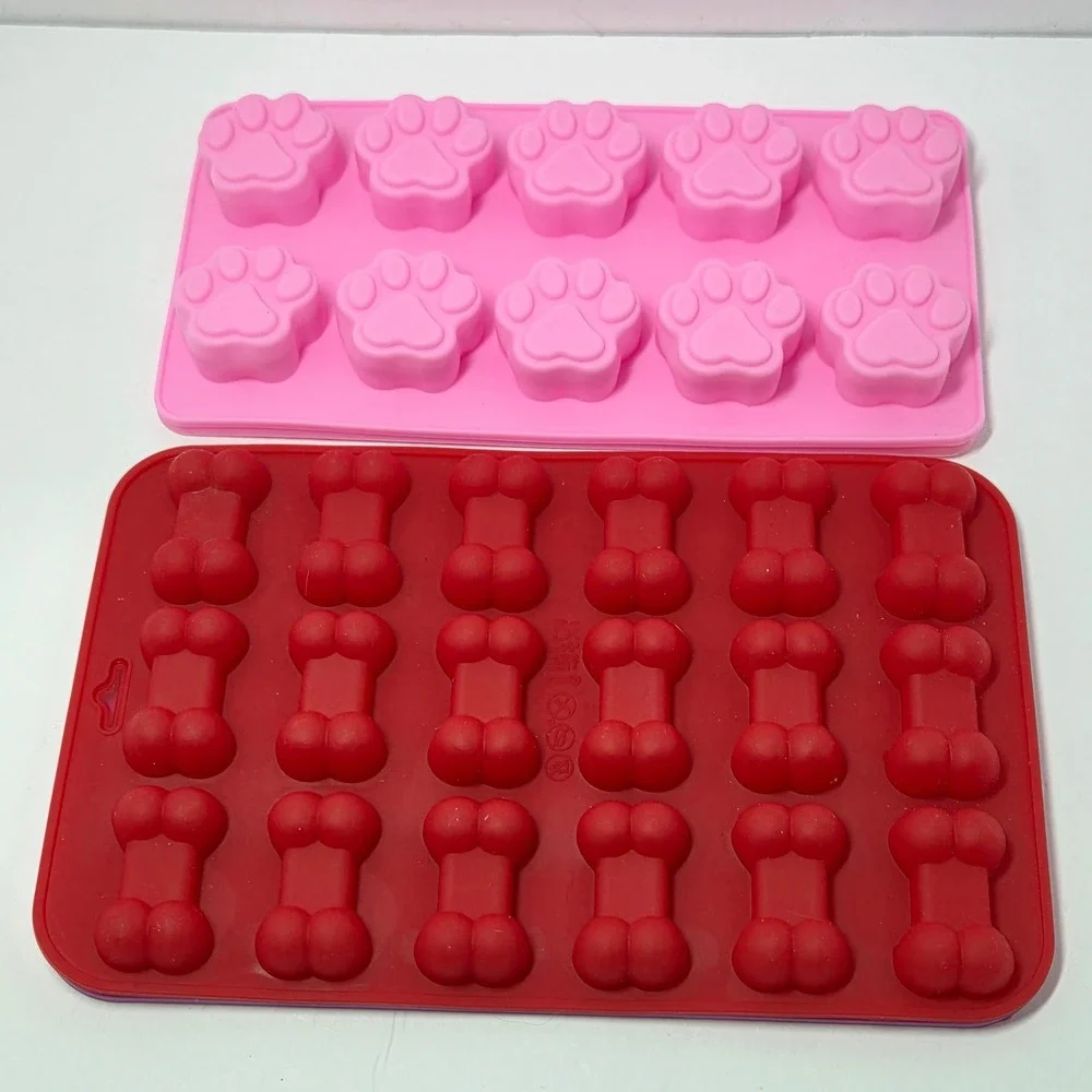 4pc Silicone Pet Treat Molds Paw Print and Bone Shapes Red Purple Pink